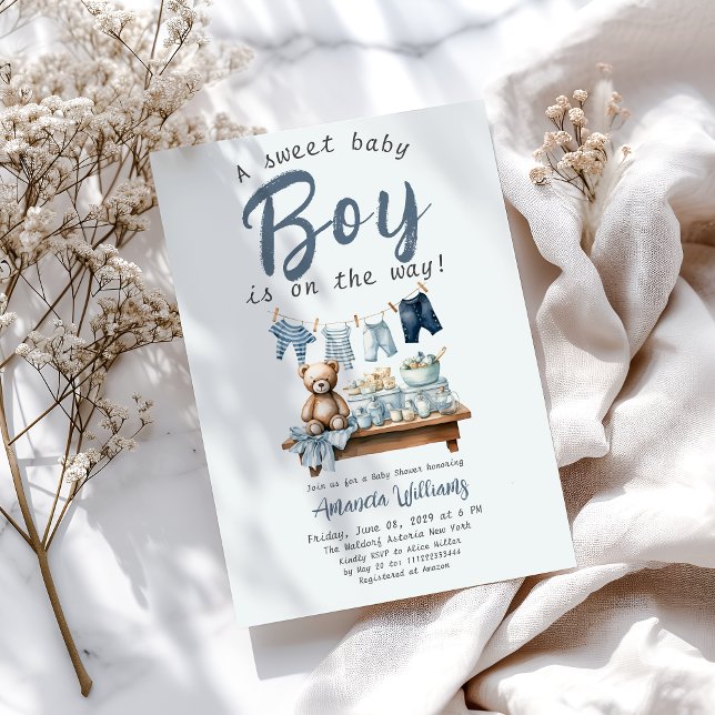 Boho Clothesline Sweet Blue Boy Baby Shower Invitation (Creator Uploaded)