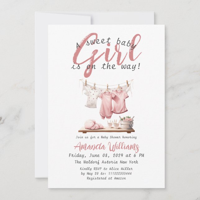 Boho Clothesline Sweet Girl Pink Baby Shower Invitation (Front)
