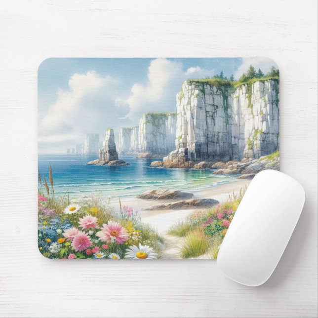 Boho Coastal Cliffs Wildflower Beach Art Mouse Mat (With Mouse)