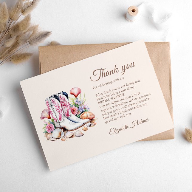 Boho Coastal Cowgirl Boots Bridal Shower Thank You Card (Boho Coastal Cowgirl Boots Bridal Shower Thank You Card on a boho table.)