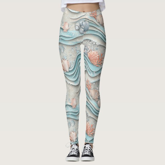Boho Coastal Seashell Pattern Leggings (Front)