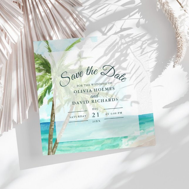 Boho Coastal Seaside Beach Wedding Save the Date (Boho Coastal Seaside Beach Wedding Save the Date on sunny white table with dry palm leaf.)