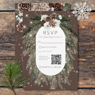 Boho Cocoa Pine Winter Sparkle QR Code RSVP Card