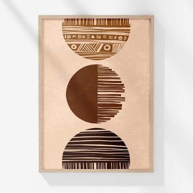 Boho Coffee Brown Beige Abstract Tribal Wall Art (Boho Neutral Abstract Tribal Sun and Moon Wall Art in a wooden frame on a sunny white wall.)
