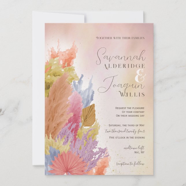 BOHO COLORFUL DRIED GRASS WATERCOLOR INVITATION (Front)