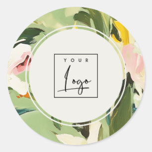 Boho Colorful Green Pink Painted Floral Logo Classic Round Sticker