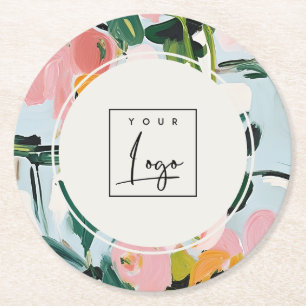 Boho Colorful Pink Blue Green Painted Floral Logo Round Paper Coaster