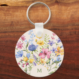 Boho Colorful Wildflowers with Monogram Key Ring