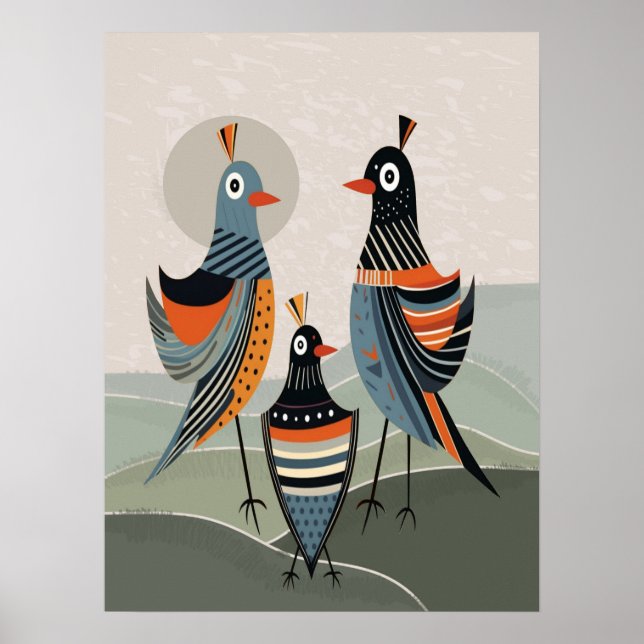 Boho Colourful Birds Family Minimalist Neutral Poster (Front)