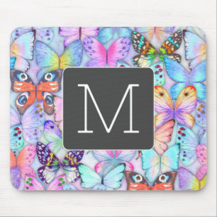 Boho colourful butterfly pattern Initial Blue Mouse Mat