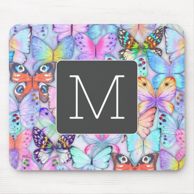 Boho colourful butterfly pattern Initial Blue Mouse Mat (Front)