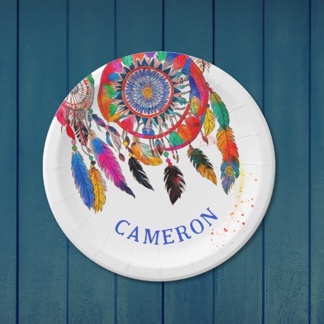 Boho Colourful Dreamcatcher Bday Feather Watercolo Paper Plate (Creator Uploaded)