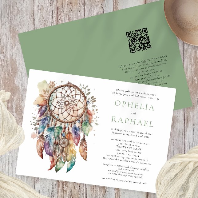 Boho Colourful Dreamcatcher Bohemian Wedding Sage Invitation (Front and back view)