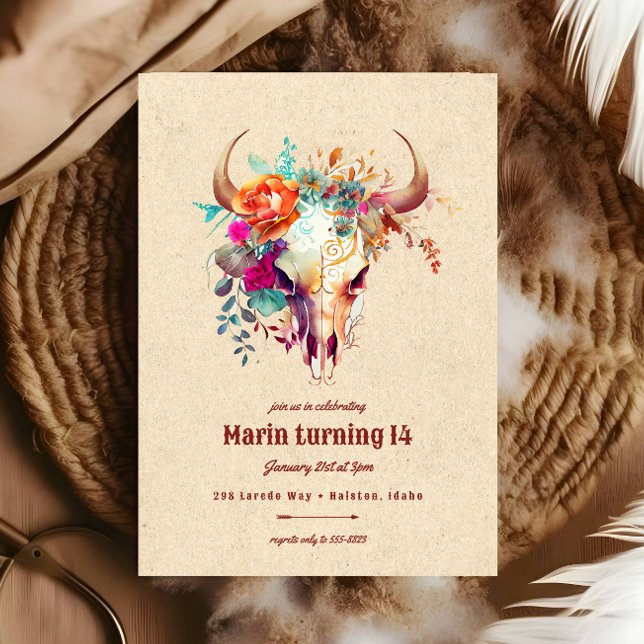 Boho Colourful Floral Cow Skull Birthday Party Invitation (Creator Uploaded)