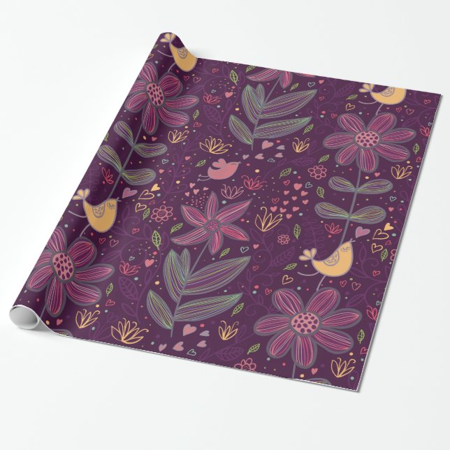 Boho Colourful Fun Bird Pattern Wrapping Paper (Unrolled)