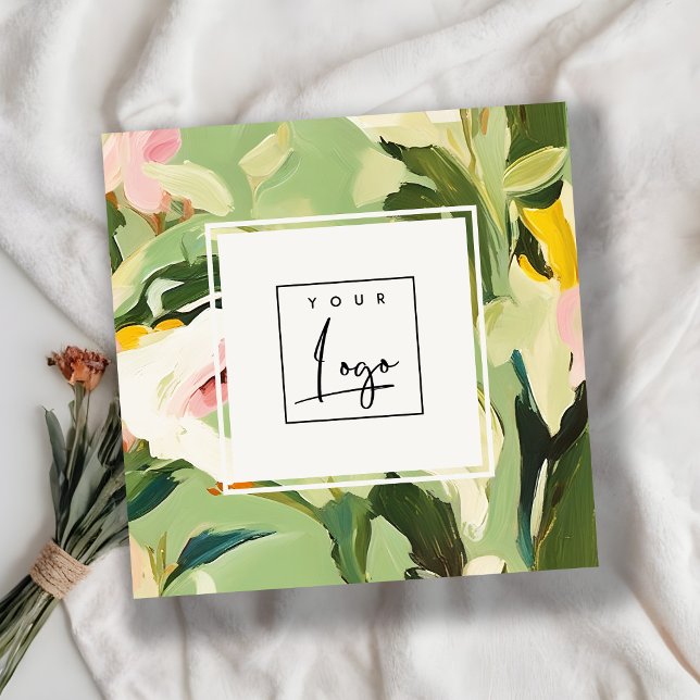 Boho Colourful Green Pink Painted Floral Logo Square Business Card (Creator Uploaded)