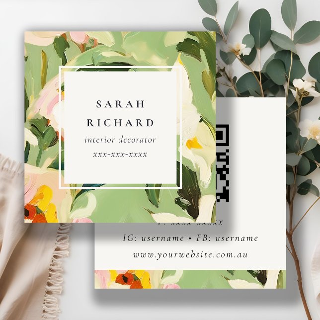 Boho Colourful Green Pink Painted Floral QR Code Square Business Card (Creator Uploaded)