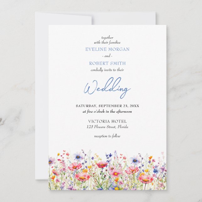 Boho colourful meadow wild flowers wedding invitation (Front)