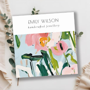 Boho Colourful Pink Blue Painted Floral Earring Square Business Card