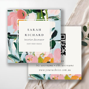 Boho Colourful Pink Blue Painted Floral QR Code Square Business Card