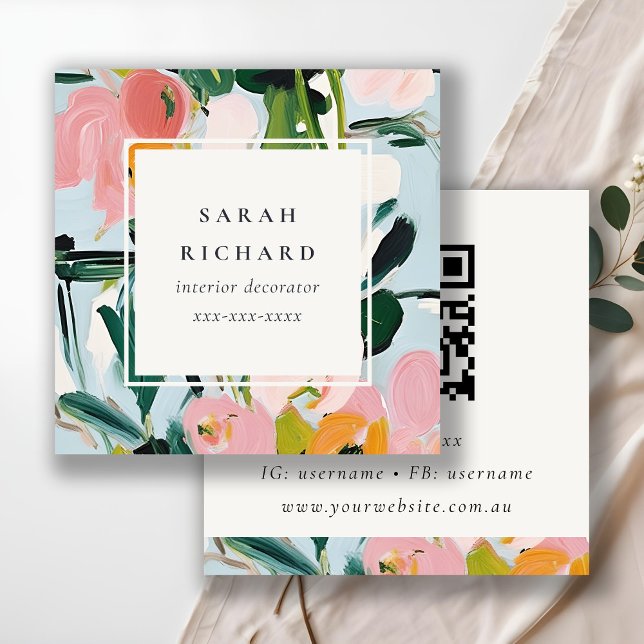 Boho Colourful Pink Blue Painted Floral QR Code Square Business Card (Creator Uploaded)