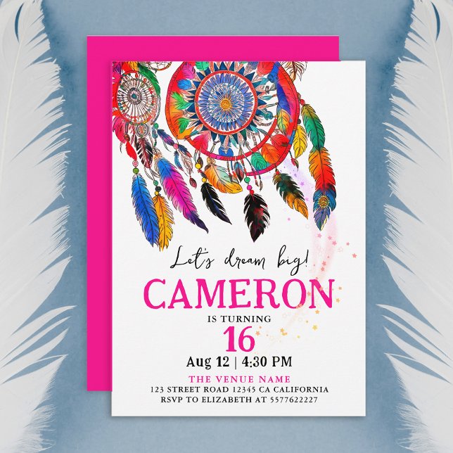 Boho Colourful Pink Dream Catch Birthday Watercolo Invitation (Creator Uploaded)