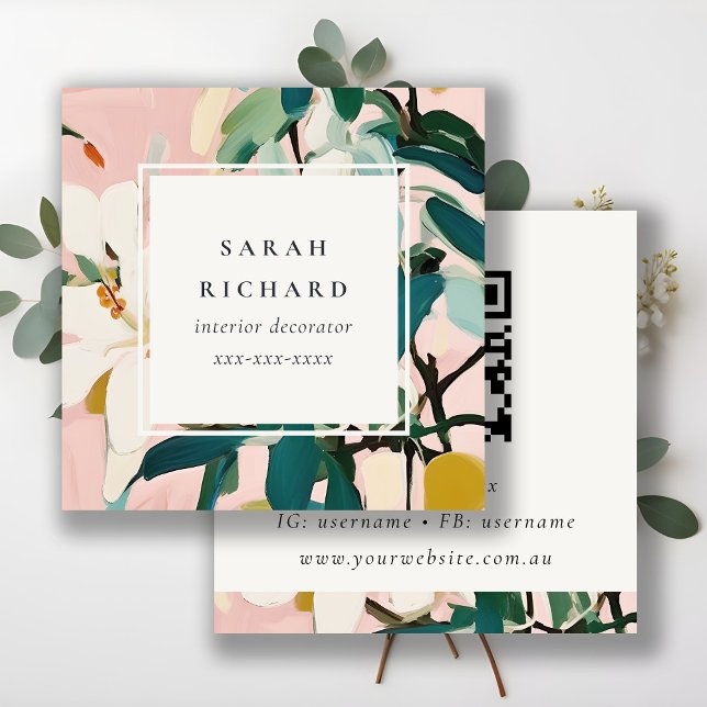 Boho Colourful Pink Teal Painted Floral QR Code Square Business Card (Creator Uploaded)