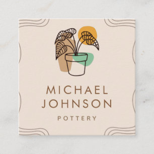Boho Colourful Plant & Pot Bohemian Pottery Cerami Square Business Card