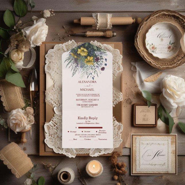 Boho Colourful Watercolor Wildflower Wedding All In One Invitation (Creator Uploaded)