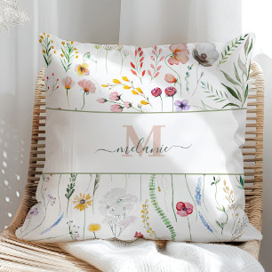 Boho Colourful Wildflowers Script Name Monogram Cushion