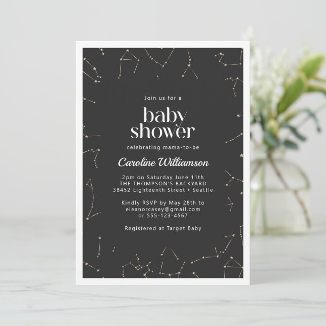 Boho Constellations Stars Black Gold Baby Shower Invitation (Standing Front)