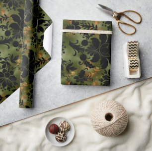 Boho Copper Black Green Floral Wrapping Paper