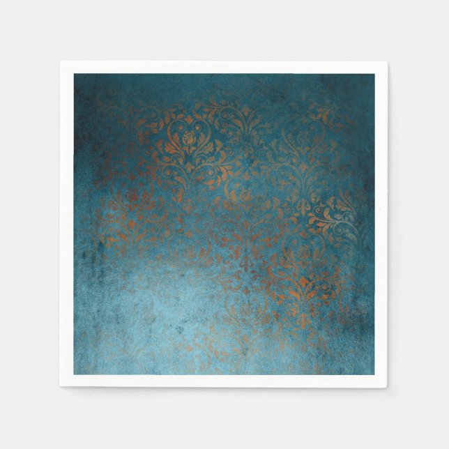 Boho Copper Blue Damask Grunge Napkin (Front)