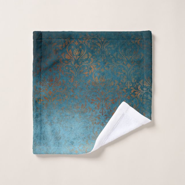 Boho Copper Blue Damask Grunge Wash Cloth (Wash Cloth)