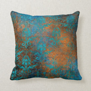 Boho Copper Blue Floral Damask Grunge Cushion