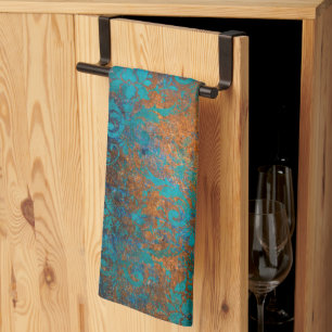 Boho Copper Blue Floral Damask Grunge Tea Towel