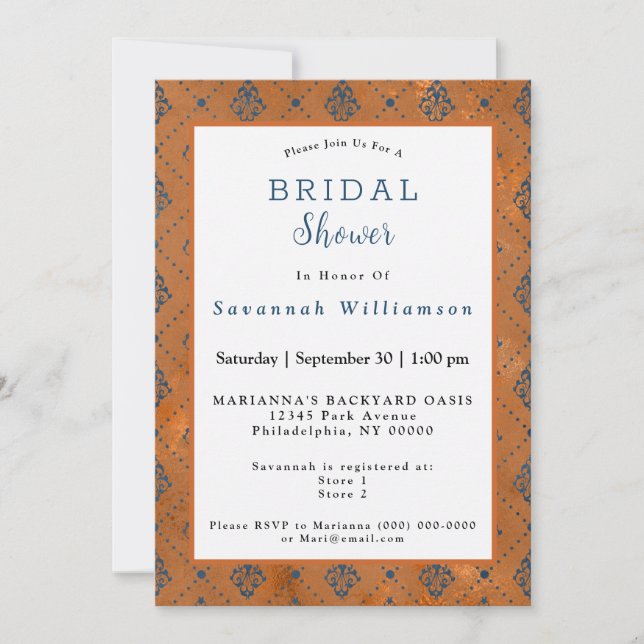 Boho Copper Blue Graphic Art Deco Bridal Shower Invitation (Front)
