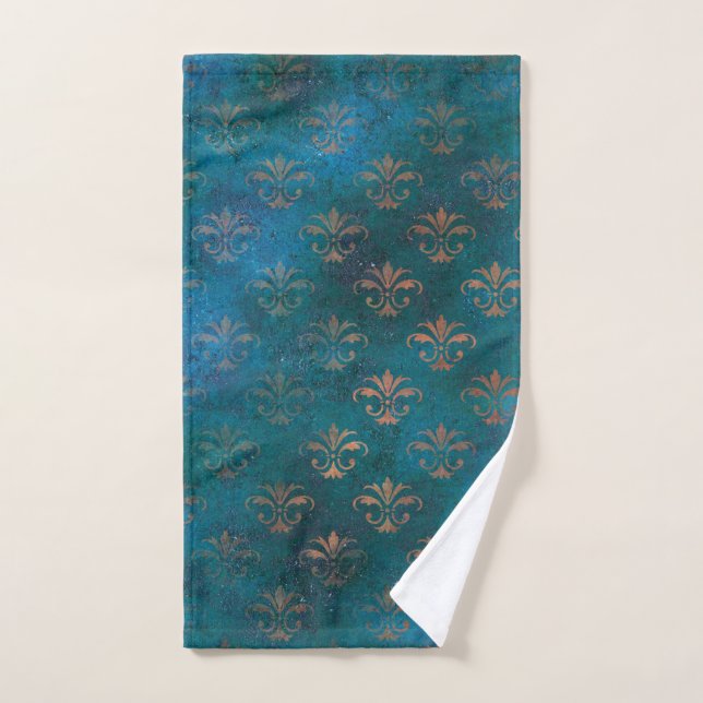 Boho Copper Blue Grunge Heraldic Floral Hand Towel (Hand Towel)