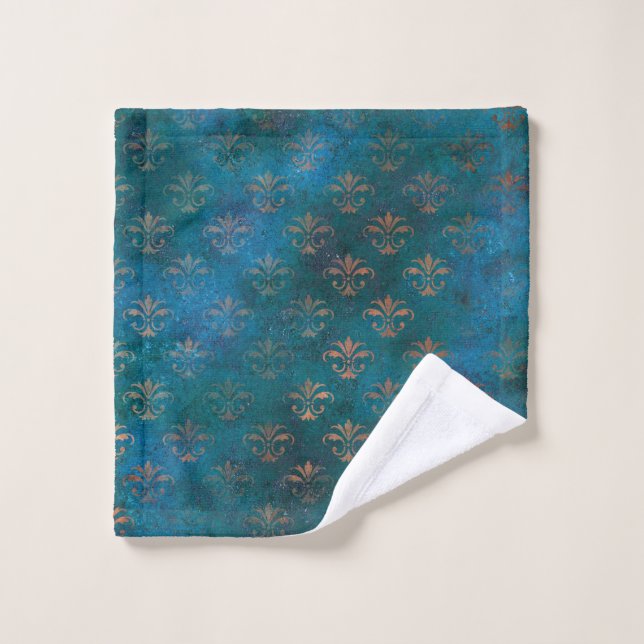 Boho Copper Blue Grunge Heraldic Floral Wash Cloth (Wash Cloth)