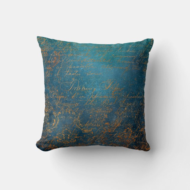 Boho Copper Blue Script Handwriting Grunge Cushion (Front)
