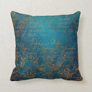Boho Copper Blue Script Handwriting Grunge Cushion