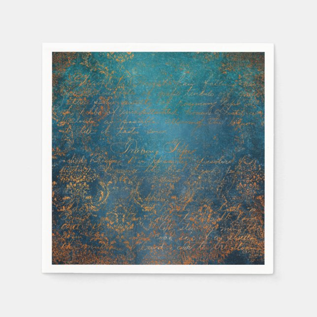 Boho Copper Blue Script Handwriting Grunge Napkin (Front)