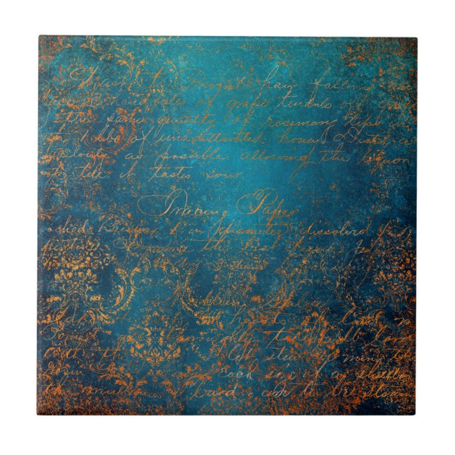 Boho Copper Blue Script Handwriting Grunge Tile (Front)