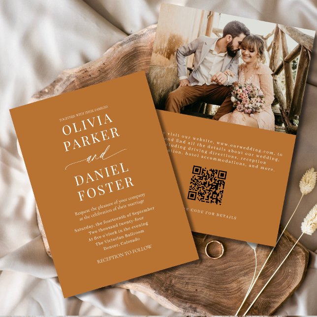 Boho Copper Bronze QR Code Elegant Photo Wedding Invitation (Creator Uploaded)