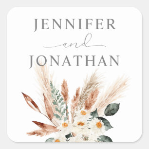 Boho Copper Leaves Pampas Grass & Beige Floral Square Sticker