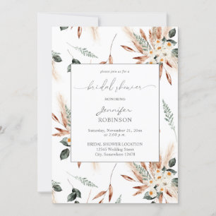 Boho Copper Pampas & Beige Floral Bridal Shower Invitation