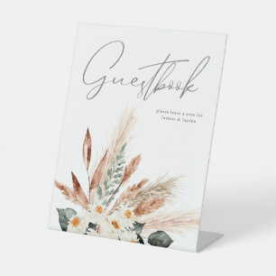 Boho Copper Pampas & Beige Floral Guestbook Pedestal Sign