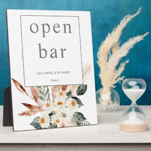 Boho Copper Pampas & Beige Floral Open Bar Sign 1 Plaque