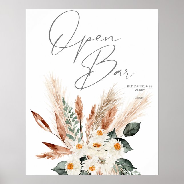 Boho Copper Pampas & Beige Floral Open Bar Sign 2 (Front)