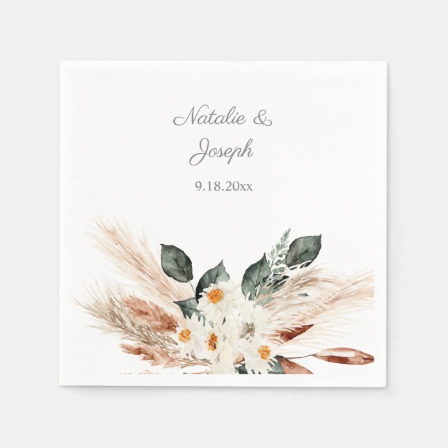 Boho Copper Pampas & Beige Floral - White Napkins (Front)